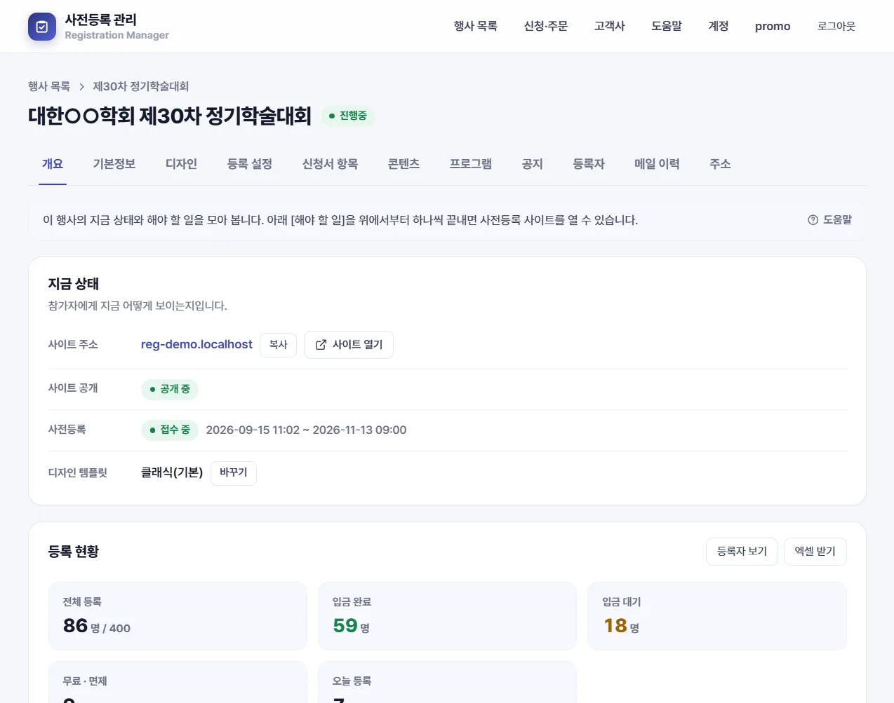 준비할 일을 순서대로 보여 주는 관리자 개요 화면